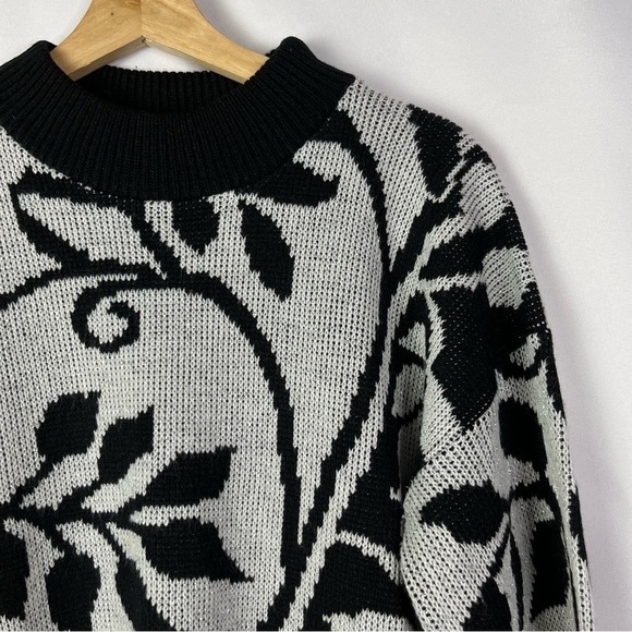 Vintage Rave Black & Silver Metallic Leaf Print Pullover Sweater S - Picture 3 of 4